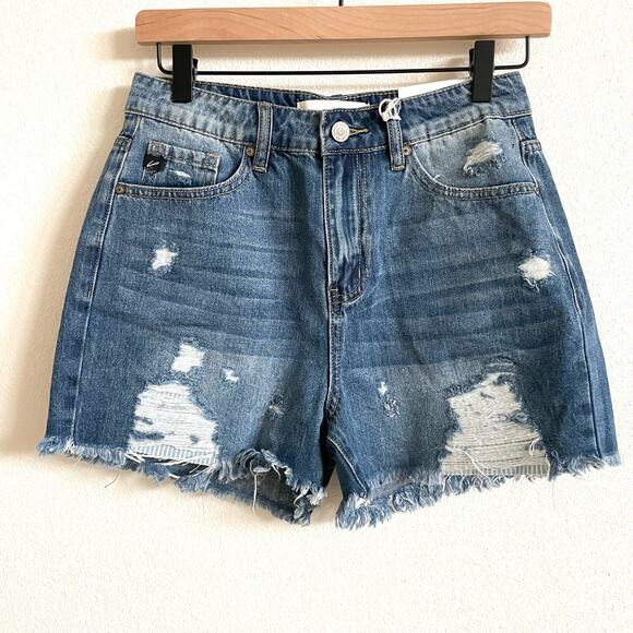 Kancan Medium Wash Denim High Rise Distressed Cut Off Shorts Women's Small NWT - Picture 1 of 8